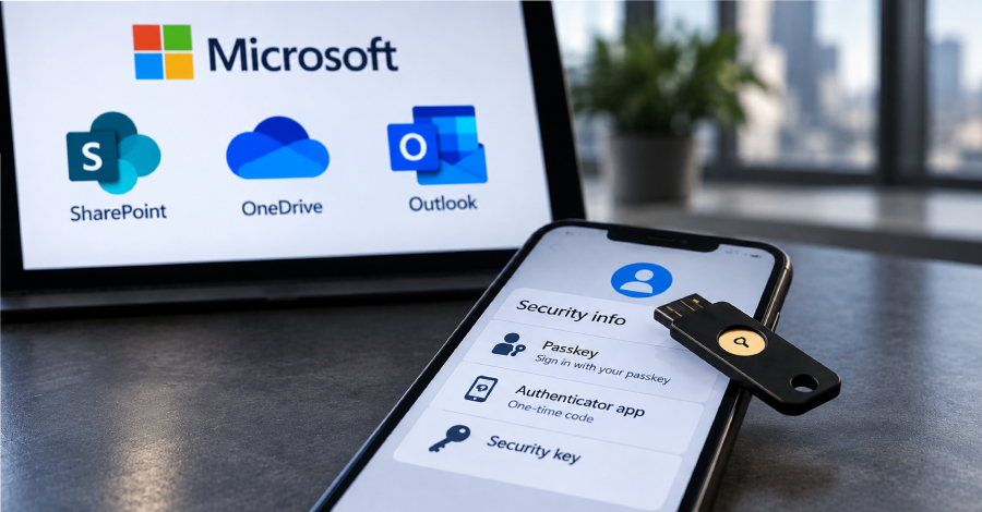 Imagem editorial de Segurança da Informação para Microsoft revela campanhas de phishing com tema de passkey e fraude de CEO usadas para sequestrar contas na nuvem