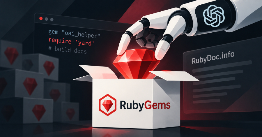 Imagem editorial de Segurança da Informação para Campanha GemStuffer usou agentes de IA da OpenAI para publicar pacotes maliciosos no RubyGems e obter RCE via RubyDoc